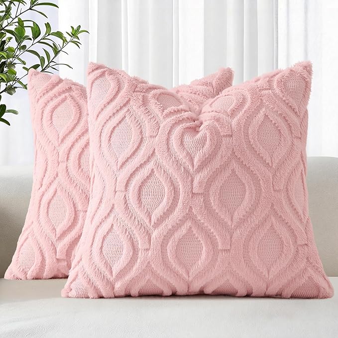 decorUhome Throw Pillow Covers 22x22 Inch Set of 2, Soft Plush Faux Wool Pink Solid Couch Pillow Covers, Accent Euro Sham Farmhouse Neutral Square Pillow Cases for Sofa Bed Living Room