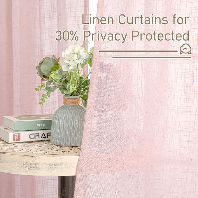 LAMIT Linen Curtains 90 Inch for Living Room, Back Tab and Rod Pocket Linen Textured Farmhouse Curtains Light Filtering Drapes for Bedroom/Dining Room, Pink, Set of 2, 52 x 90 Inch