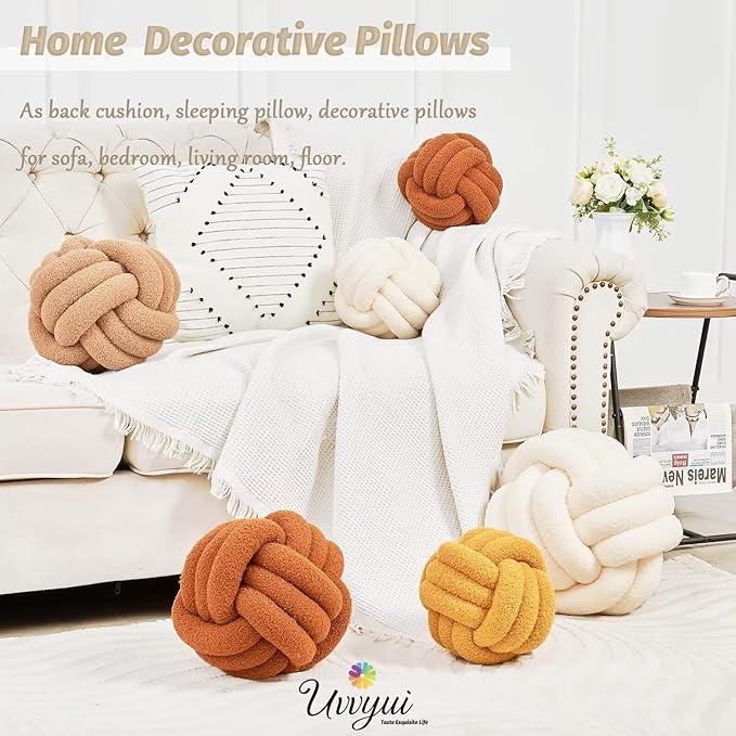 Uvvyui Knot Pillow Ball, Soft Home Decorative Pillows, Round Throw Pillow, Handmade Knotted Plush Pillow, Round Boucle Pillow Cushion (14 Inches Ivory)