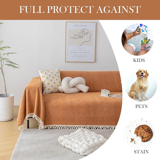 HANDONTIME Dark Orange Sofa Covers Couch Cover for Dogs Colorful Tassel Lovetseat Cover Pet Couch Cover Bohemian Sofa Cover for Couch Vintage Boho Couch Covers Futon Cover Pet-Friendly, 91" X118"