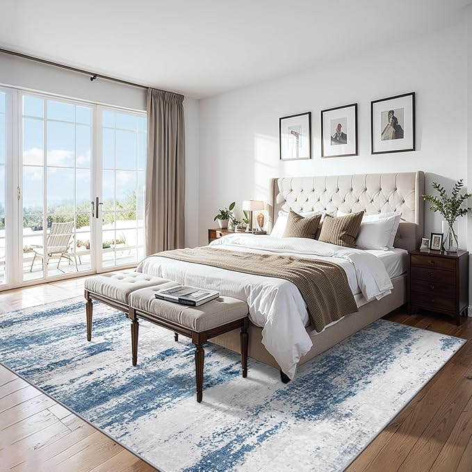 8x10 Area Rugs for Living Room - Washable Rug Modern Abstract Soft Large Neutral Non-Slip Carpet Indoor Floor Thin Carpets for Bedroom Dining Room Farmhouse Nursery Home Office White Blue Grey