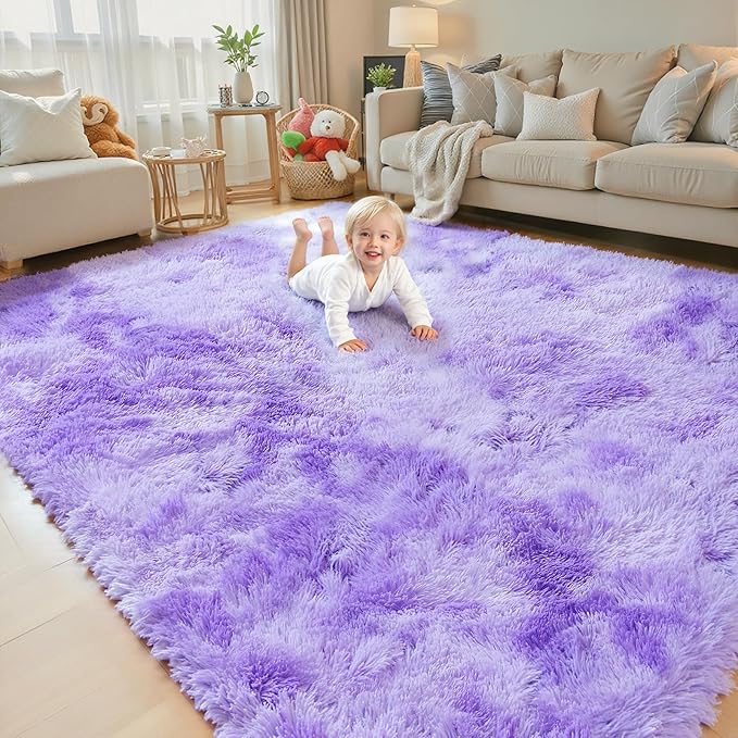Area Rugs 9x12 Living Room, Large Area Rug Shag Shaggy Carpet Soft Plush Furry Bedside Rug, Machine Washable Area Rugs for Bedroom Kids Girls Boys Anti Slip(9 x 12, Purple Starry)