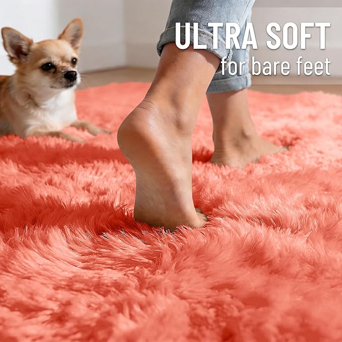 OLANLY 5x8 Machine Washable Large Area Rugs for Living Room, Bedroom, Soft Fluffy Shaggy Bedside Rug, Indoor Floor Carpet for Kids Girls and Boys, Dorms, Nursery, Home Decor Aesthetic, Coral Red