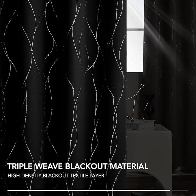 Deconovo Black Out Curtains for Kitchen, 42 x 45 Inch Length 2 Panels Set, Thermal Insulated Soundproof Window Drapes with Silver Print, Grommet Top, Machine Washable Panels for Small Winodw Nursery