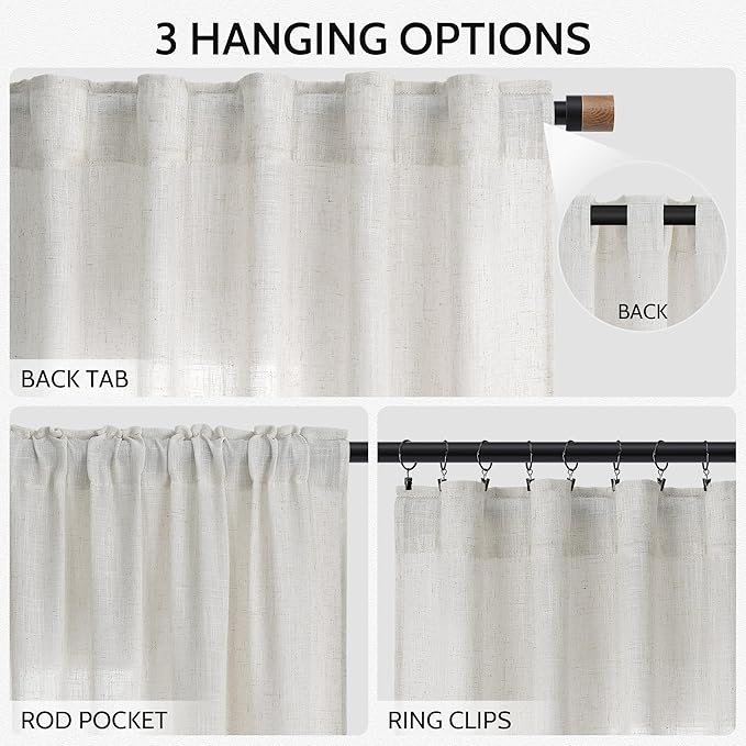 Nanspring Natural Linen Curtains 72 Inches Long for Living Room Country Light Filtering Semi Sheer Curtains Farmhouse Decor Curtain for Bedroom Back Tab and Rod Pocket 52x72, 2 Panels