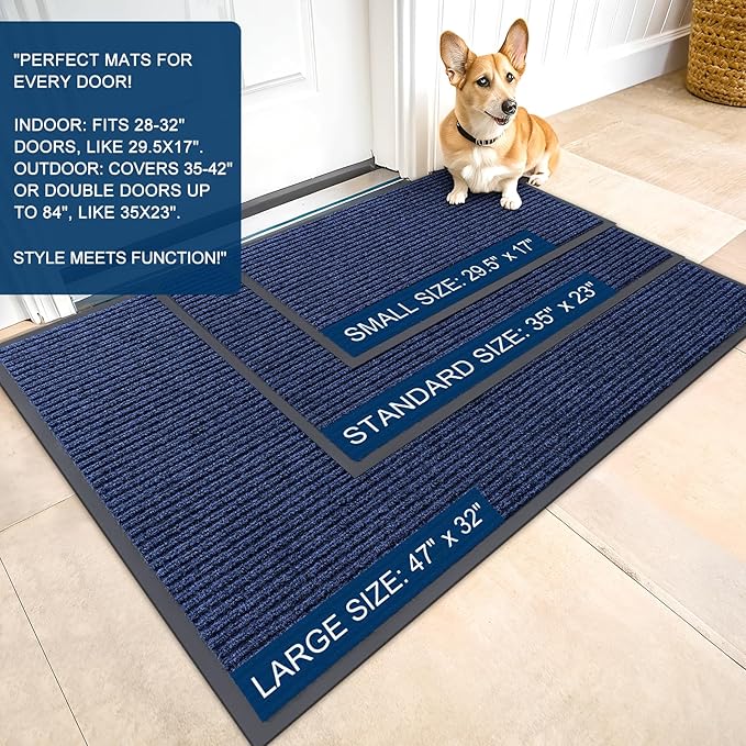 OLANLY Front Door Mat Indoor Outdoor Entrance, 2-Pack 71 x 47 Inch, Waterproof Heavy Duty Doormat, Fade Resistant, Low Profile, Easy Clean Patio Porch Welcome Floor Mats for Entry, Blue