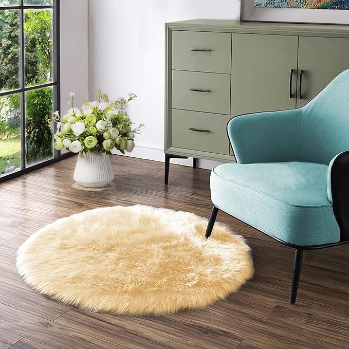 Latepis Yellow Rug for Bedroom Circle Faux Sheepskin Fur Round Rugs 5ft Furry Fluffy Rug for Bedroom Bedside Cute Home Decor