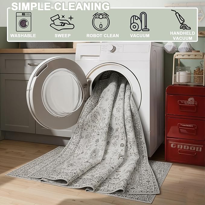 Floral Machine Washable Rug Grey White, 3x5 Rug Non Slip Soft Bedroom Rugs for Entryway Dorm, Ultra-Thin Rugs for Bedroom Stain Resistan(3 x 5, Grey White)