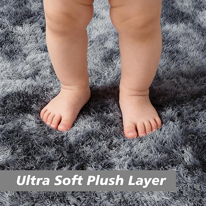 Tie-Dyed Black Fluffy Round Rug,Soft Area Rugs for Girls Room,Shaggy Rugs 5'X5' for Living Room,Non Slip Circle Rug for Kids Bedroom,Shag Plush Nursery Rug,Plush Carpet for Dorm,Cute Furry Room Decor