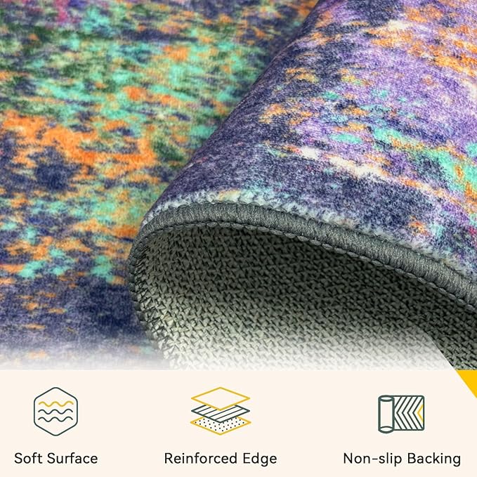 Washable Area Rugs 6'x8' Non-Slip Modern Abstract Soft for Living Room Entryway Bedroom Nursery, Print Pattern, Purple Orange Blue Green Rust Red Colorful