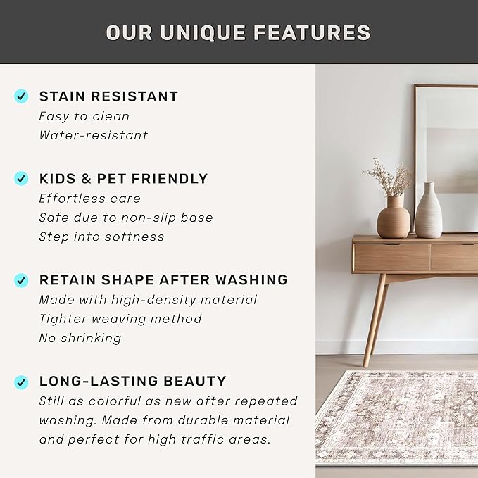 Hazo Haus Beige Washable 2'6"x8' Wide Hallway Runners, Kitchen Runner Rug, Non-Slip & Stain Resistant Long Floor Rug, Neutral Boho Floral Decor (2'6"x8' Beige/Latte)