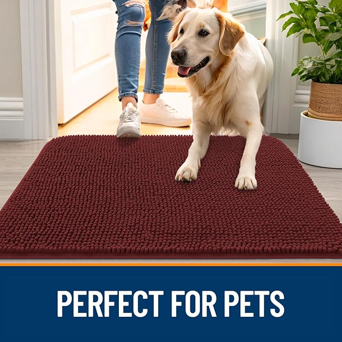 OLANLY Dog Door Mat for Muddy Paws 40x24, Absorbs Moisture and Dirt, Absorbent Non-Slip Washable Doormat, Quick Dry Chenille Mud Mat, Entry Indoor Entryway Carpet for Inside Floor, Caramel Russet
