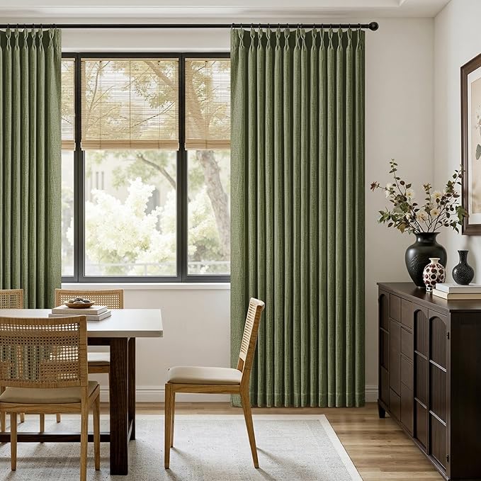 MIULEE Olive Green Pinch Pleated Thick Linen Curtains 102 Inches Long 2 Panels for Living Room Bedroom, Linen Texture Drapes Memory Trained Semi Sheer Moss Green Window Curtains with Hooks&Rings