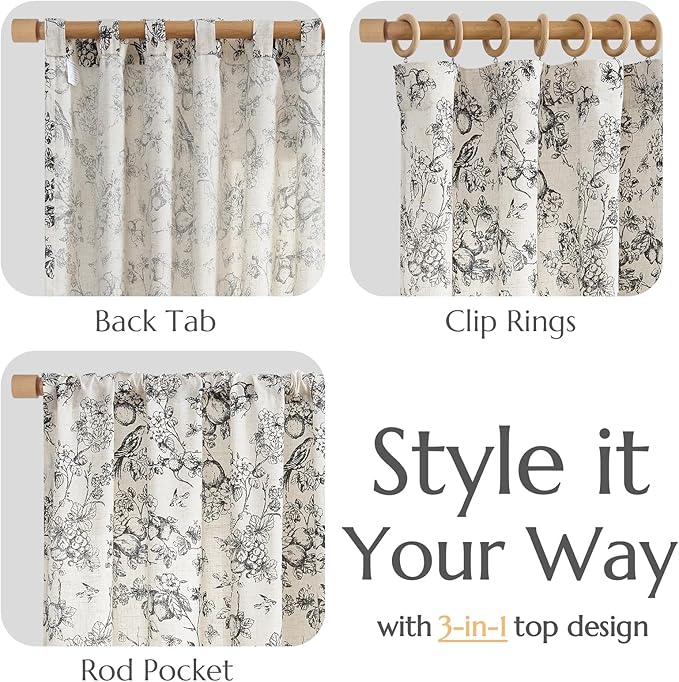 jinchan Linen Floral Curtains for Living Room 84 Inch Length Black Printed Flower Light Filtering French Country Curtain Farmhouse Cottage Core Toile Curtains Back Tab Window Drapes Set 2 Panels