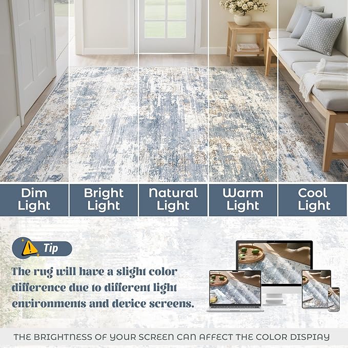 XLUEZ 9x12 Area Rug for Living Room, Washable Modern Abstract Large Area Rug Neutral Soft Non Slip Kids Rug Stain Resistant Indoor Carpet for Bedroom Dining Room Playroom Office(Blue, 9'x12')
