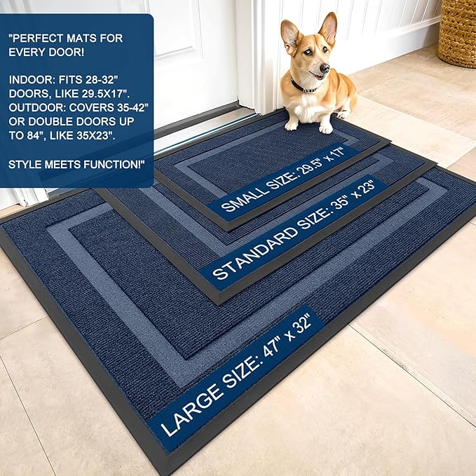 OLANLY Front Door Mat Indoor Outdoor Entrance, Waterproof All-Season, All-Weather Doormat, Sturdy Natural Rubber, Fade Resistant, Low Profile, Easy Clean Patio Porch Entryway Mat, 59x35, Blue