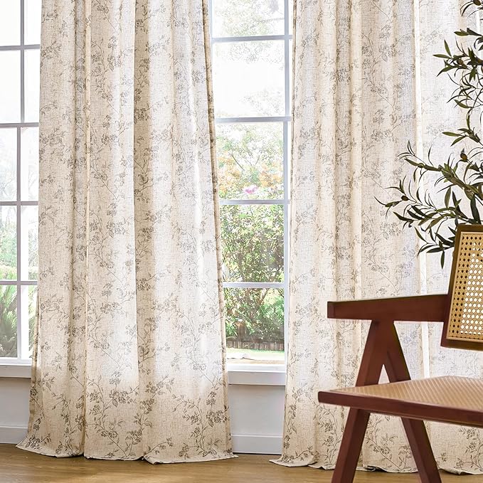 Lazzzy Farmhouse Linen Curtains Gray Floral Curtains 96 Inch Long Back Tab Drapes for Living Room Bedroom Light Filtering Country Vintage Rod Pocket Curtain, 2 Panels, Grey on Beige