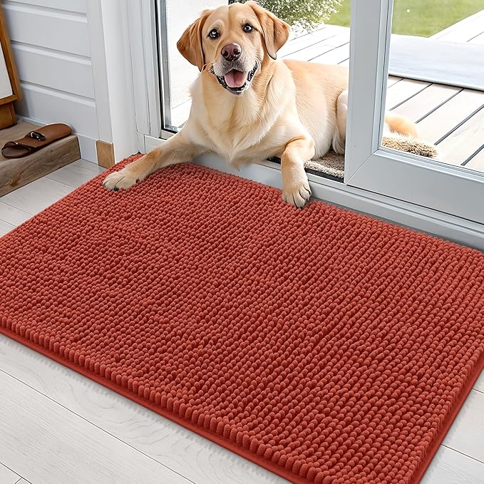OLANLY Dog Door Mat for Muddy Paws 35x24, Absorbs Moisture and Dirt, Absorbent Non-Slip Washable Doormat, Quick Dry Chenille Mud Mat for Dogs, Entry Indoor Entryway Carpet for Inside Floor, Maple Red