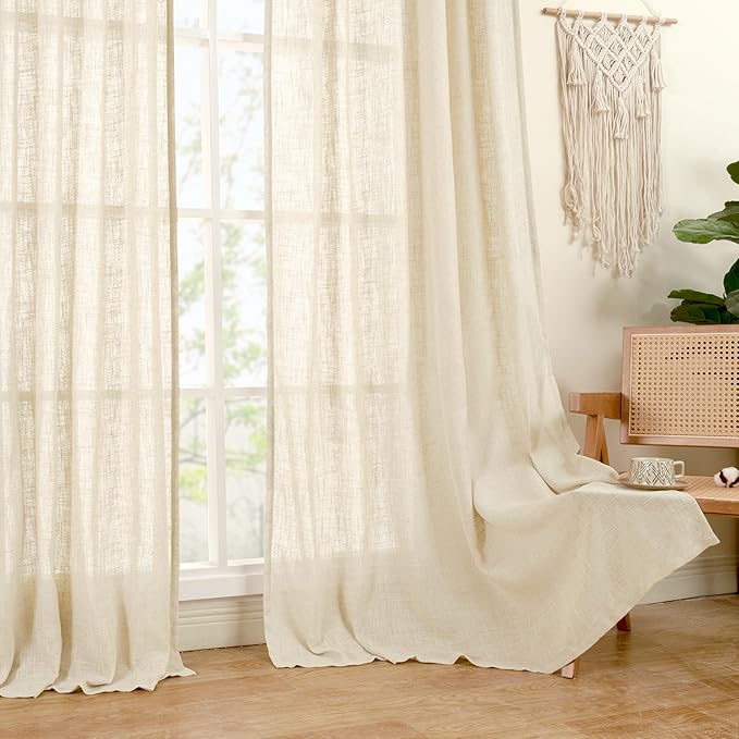 LAMIT Semi Sheer Beige Linen Curtains 72 inch Length, Light Filtering Panels Back Tab and Rod Pocket Neutral Drapes for Bedroom/Living Room, Beige, 2 Panels, 34 x 72 Inch