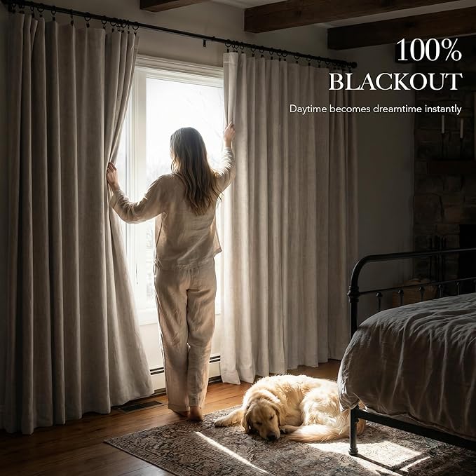 RYB HOME Linen Textured 100% Blackout Curtains for Bedroom, Insulating Energy Saving Window Curtains for Living Room Dining Patio Sliding Glass Door, Wide 52 x Long 90 inch, Beige, 2 Panels