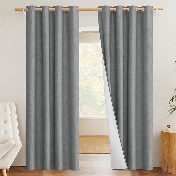 NICETOWN 100% Absolutely Blackout Linen Curtains with Thermal Insulated White Liner, Dove Grey, W52, 2 Pieces, Noise Reducing Textured Linen Look Curtains for Windows 90 inch Length for Classroom