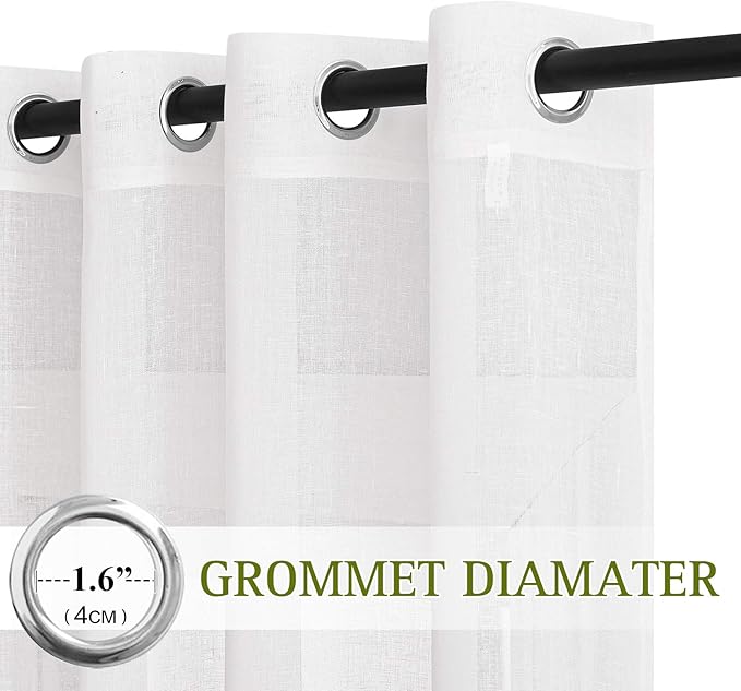NICETOWN White Linen Sheer Curtains 63 inch Length, Vintage Grommet Linen Textured Semitransparent Privacy Window Treatment Light Filtering for Living Room, 52" W x 63" L, Set of 2