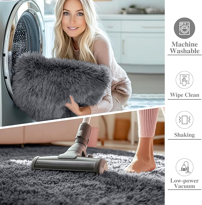 OLANLY 8x8 Machine Washable Large Area Rugs for Living Room, Bedroom, Soft Fluffy Shaggy Bedside Rug, Indoor Floor Carpet for Kids Girls and Boys, Dorms, Nursery, Home Decor Aesthetic, Grey
