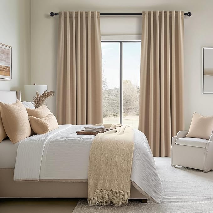 Topfinel Blackout Linen Blend Curtains 96 Inches Long 2 Panels,Black Out Drapes for Bedroom Living Room, Back Tab and Rod Pocket,Pinch Pleat Style with Hooks,Tan Light Taupe 52" Wide and 96" Length