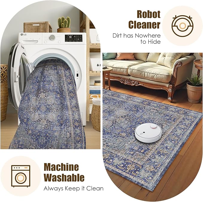 Washable Area Rug 6' x 9' Vintage Traditional Persian Mat - Foldable Distressed Non-Slip Machine Washable Carpet for Living Room Bedroom Kitchen Home Decor - Indigo and Gold