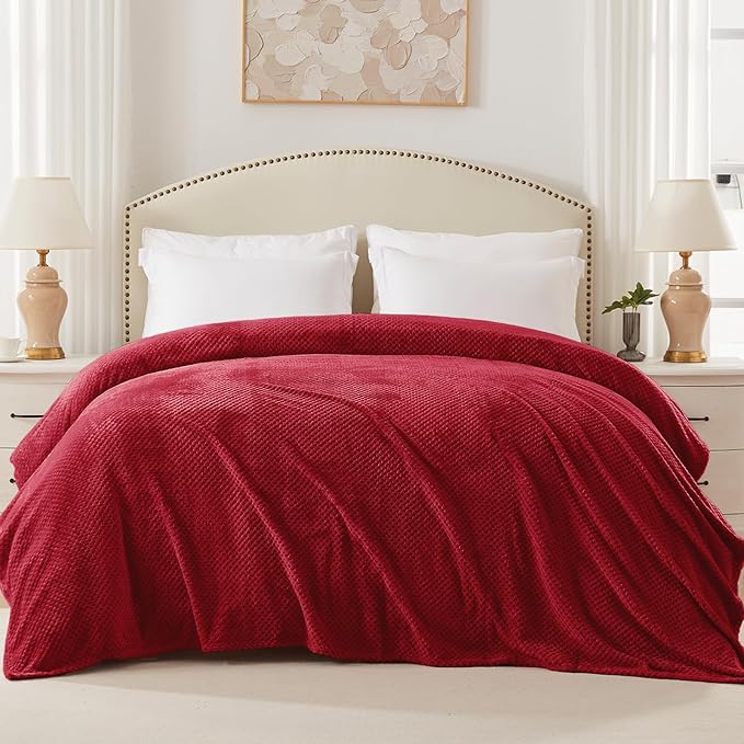 Exclusivo Mezcla Fleece Bed Blanket Queen Size, Super Soft and Warm Blankets for Couch, Sofa and Bed Waffle Textured, Cozy, Fuzzy and Lightweight (Deep Red, 90x90 Inches)