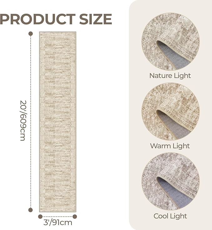 3x20 Washable Runner Rug for Hallway, Non-Slip Long Hallway Runner for Entryway, Soft Vintage Kitchen Mats for Floor, Abstract Dining Room, Bedroom, Living Room Rugs(3'x20', Brown/Ivory)