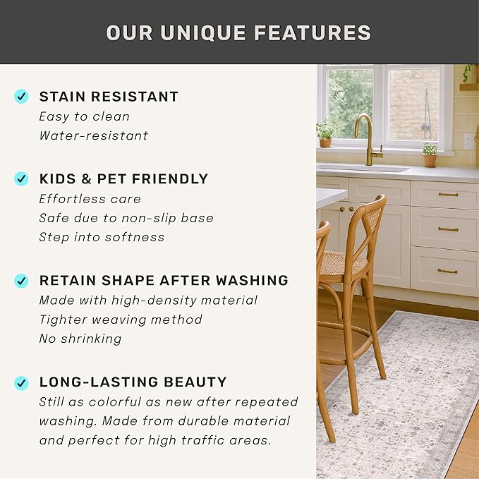 Washable 2x3 Throw Rugs for Entryway, Front Door Mat, Low Pile Non-Slip Small Area Rugs for Kitchen, Bathroom, Powder Room, Mudroom, Neutral Light Grey with Floral Accent