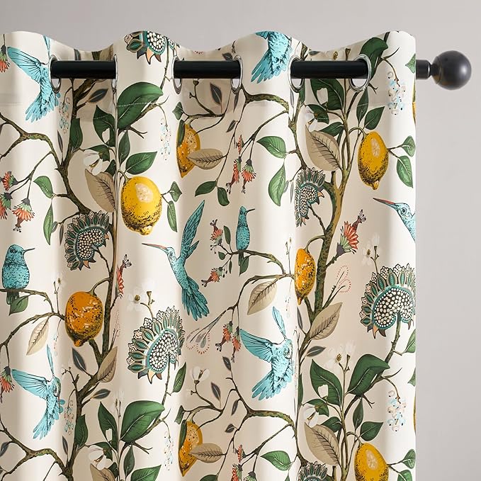 Topfinel 94 Inches Long Custom Window Treatments,Retro Art Deco Euro Flower Hummingbird Patterned Pretty Elegant Light Blocking Grommet Curtains Vintage Floral Curtains for Bedroom Playroom Room