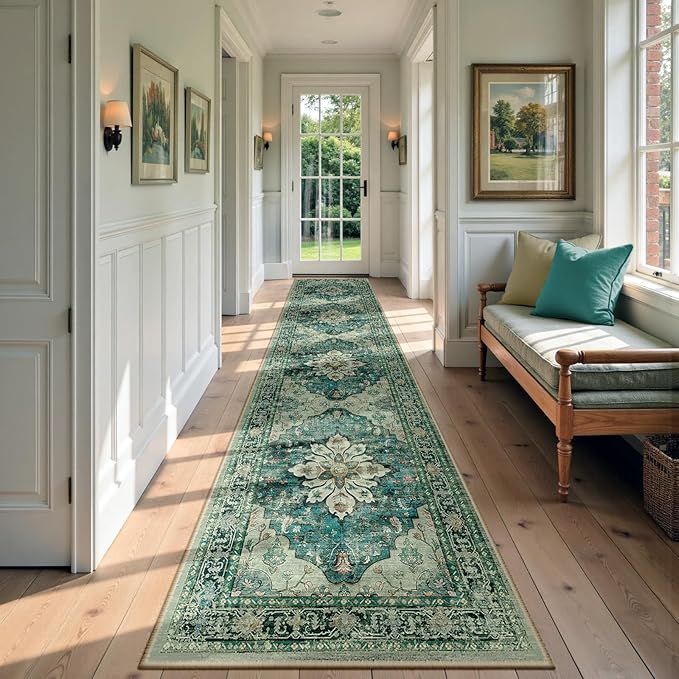 Area Rugs 2'6''x10' Runner Rug Non Slip Washable for Kitchen Hallway Bedroom Beside Laundry Room Bathroom Rug, Floor Carpet, Dark Blue Vintage
