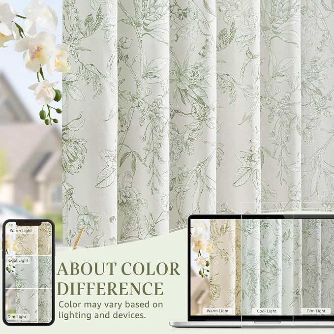 jinchan Floral Curtains 63 Inch Length Sage Green Flower Linen Farmhouse Curtain for Living Room French Country Vintage Curtain Rod Pocket Curtains Set 2 Panels Floral Printed