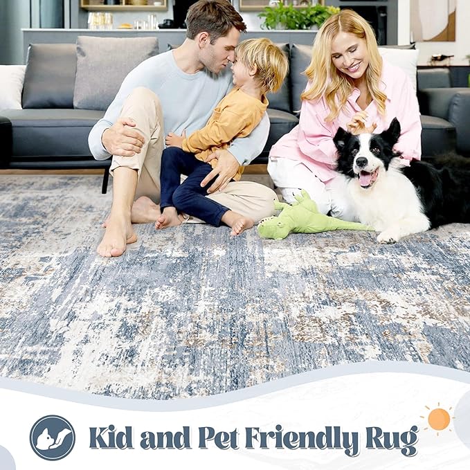 XLUEZ 8x10 Area Rugs for Living Room, Washable Modern Abstract Large Area Rug Neutral Soft Non Slip Kids Rug Stain Resistant Indoor Carpet for Bedroom Nursery Dining Room Playroom(Blue, 8'x10')