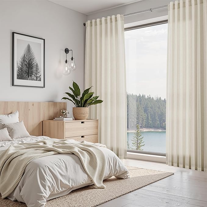 Nanspring Vanilla Linen Curtains for Living Room 63 Inch Length Luxury Light Filtering Semi Sheer Curtain Back Tab Modern Farmhouse Decor Elegant Coastal Drapes for Bedroom Office 52x63, 2 Panels