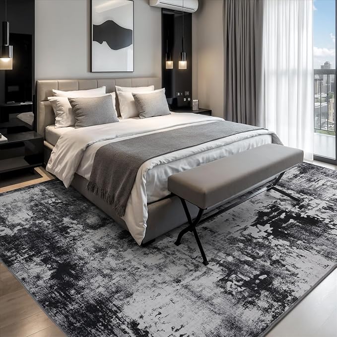 Rugflix 5x7 Area Rugs for Living Room, Washable Large Rug Stain-Resistant Low Pile, Modern Dark Carpet for Dining Room Home Office Kid Room Nursery Bedroom, Black Grey
