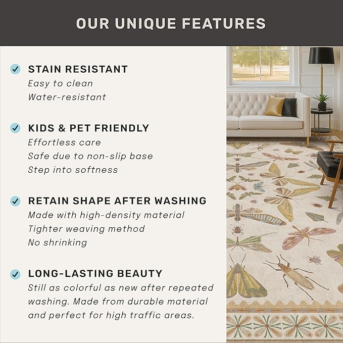 Hazo Haus Washable Neutral Area Rug Living Room, 5x8 Washable Rugs for Bedroom Under Bed, Nursery Room, Boho Vintage Insect Butterfly Non-Slip Low Pile Stain Resistant - Beige/Yellow