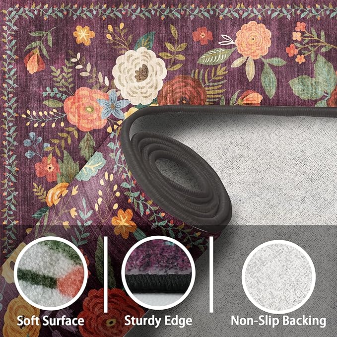 Living Room Rugs, Area Rugs 5x8 Rug for Bedroom Ultra-Thin Soft, Non-Slip Washable Rugs Stain Resistant Boho Rug Low-Pile Throw Rug for ‎Dining Room Office (5 x 8, Purple)