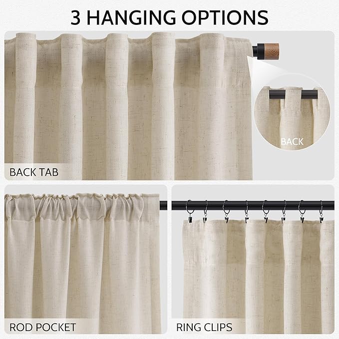 Nanspring Boho Curtains 90 Inches Long for Living Room Linen Light Filtering Semi Sheer Curtain Back Tab and Rod Pocket Eclectic Home Decor Elegant Modern Drapes for Bedroom Office 52x90, 2 Panels