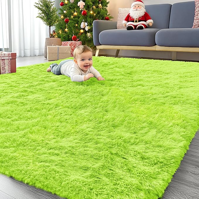 OLANLY 8x10 Machine Washable Large Area Rugs for Living Room, Bedroom, Soft Fluffy Shaggy Bedside Rug, Indoor Floor Carpet for Kids Girls and Boys, Dorms, Nursery, Home Decor Aesthetic, Lime Green