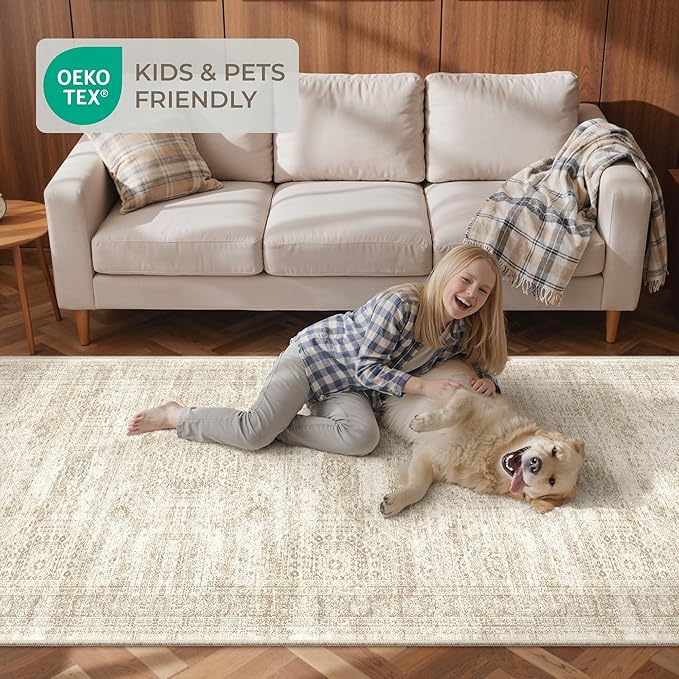 4x8 Rug for Bedroom,Wide Runner Rug for Hallway, Non Slip Washable Runner Rug for Living Room, Low Pile Soft Entryway Kitchen Rug, Modern Home Decor Mat for Dining Room(4'x8', Beige/Ivory)