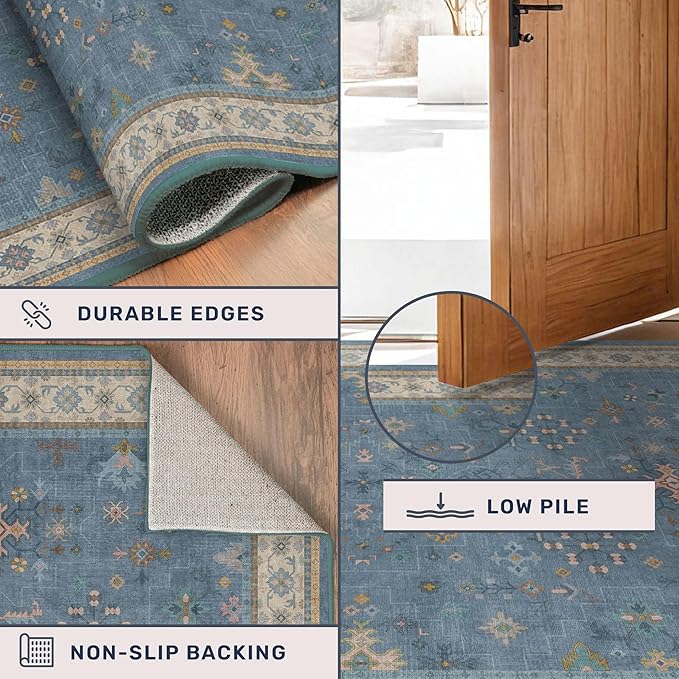 Hazo Haus Boho 8x10 Large Area Rugs for Living Room - Eclectic Dusky Blue Rug for Bedroom Under Bed, Dining Room Under Kitchen Table, Washable Soft Non Slip Unique Colorful Indoor Décor