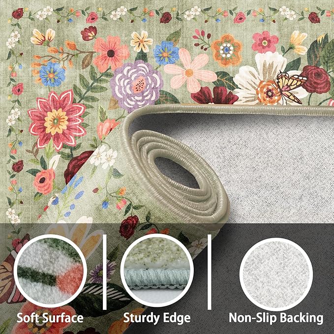 Area Rug 4x6 Rug Green, Washable Boho Rugs Non Slip Low Pile Floral Small Carpet for Bedroom, Bedside, Kids Room, Office, Dining Room(Green Garden, 4 x 6)