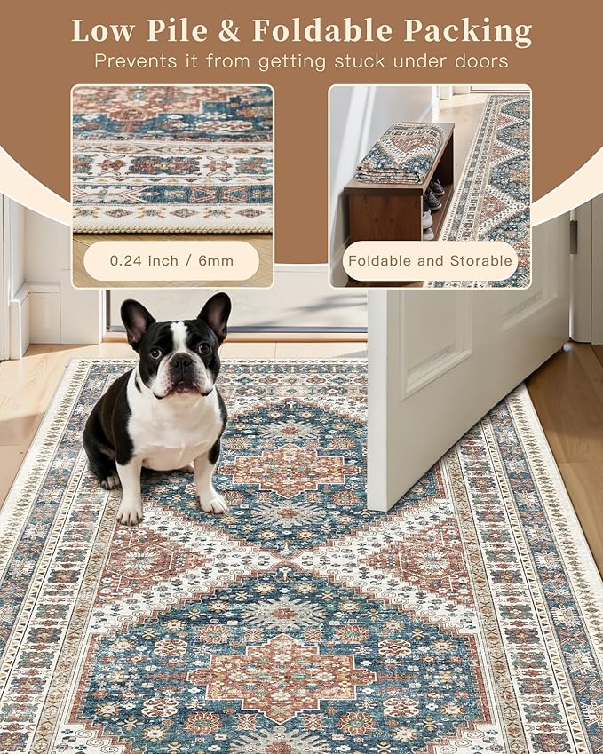 Madane Runner Rug 2x8, Washable Hallway Runner Rugs, Non-Slip Low-Pile Soft Kitchen Rug Runner Laundry Room Rug, Vintage Throw Entry Foyer Mat for Entrance Living Room (Navy Blue, 2 x 8)