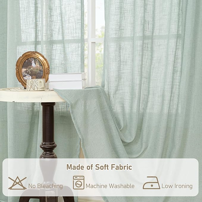 LAMIT Short Linen Window Curtains 30 Inches Long 2 Panels, Light Sage Semi Sheer Light Filtering Panels Back Tab and Rod Pocket Neutral Drapes for Basement/Small Windows, 34 x 30 Inch
