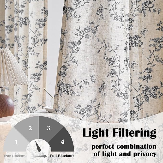 Lazzzy Farmhouse Linen Curtains Black Floral Curtains 90 Inch Length Back Tab Drapes for Living Room Bedroom Light Filtering Country Vintage Rod Pocket, 2 Panels, Black on Beige