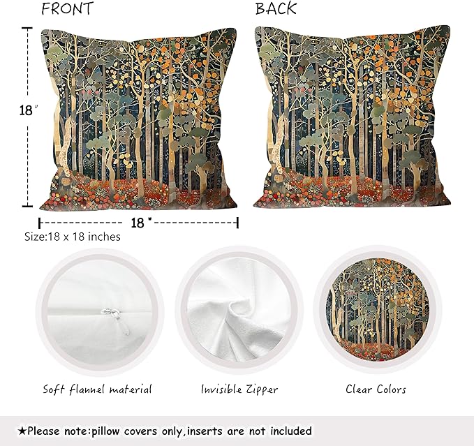 Rustic William Morris Inspired Autumn Forest Decor Pillow Covers 18x18 Set of 4,Fall Home Room Decor, Vintage Botanical Nature Decorative Throw Pillow Covers for Home Bedroom Living Room