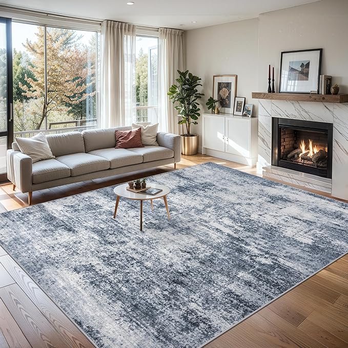 Area Rugs 10x12 Living Room - Washable Rug Modern Abstract Soft Large Neutral Non-Slip Carpet Indoor Floor Thin Carpets for Bedroom Dining Room Farmhouse Nursery Home Office Grey Blue